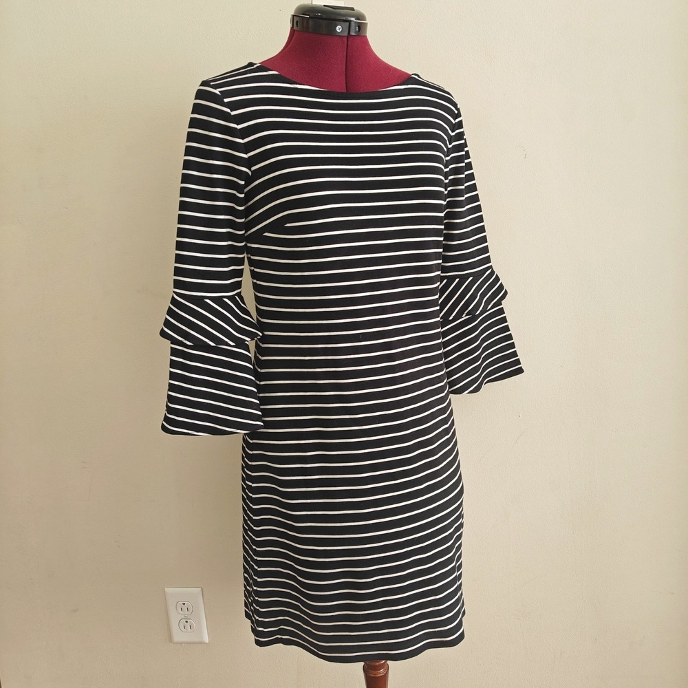 Ann Taylor Black White Striped Tiered Bell Sleeve Sheath Dress Size 0 Boat Neck